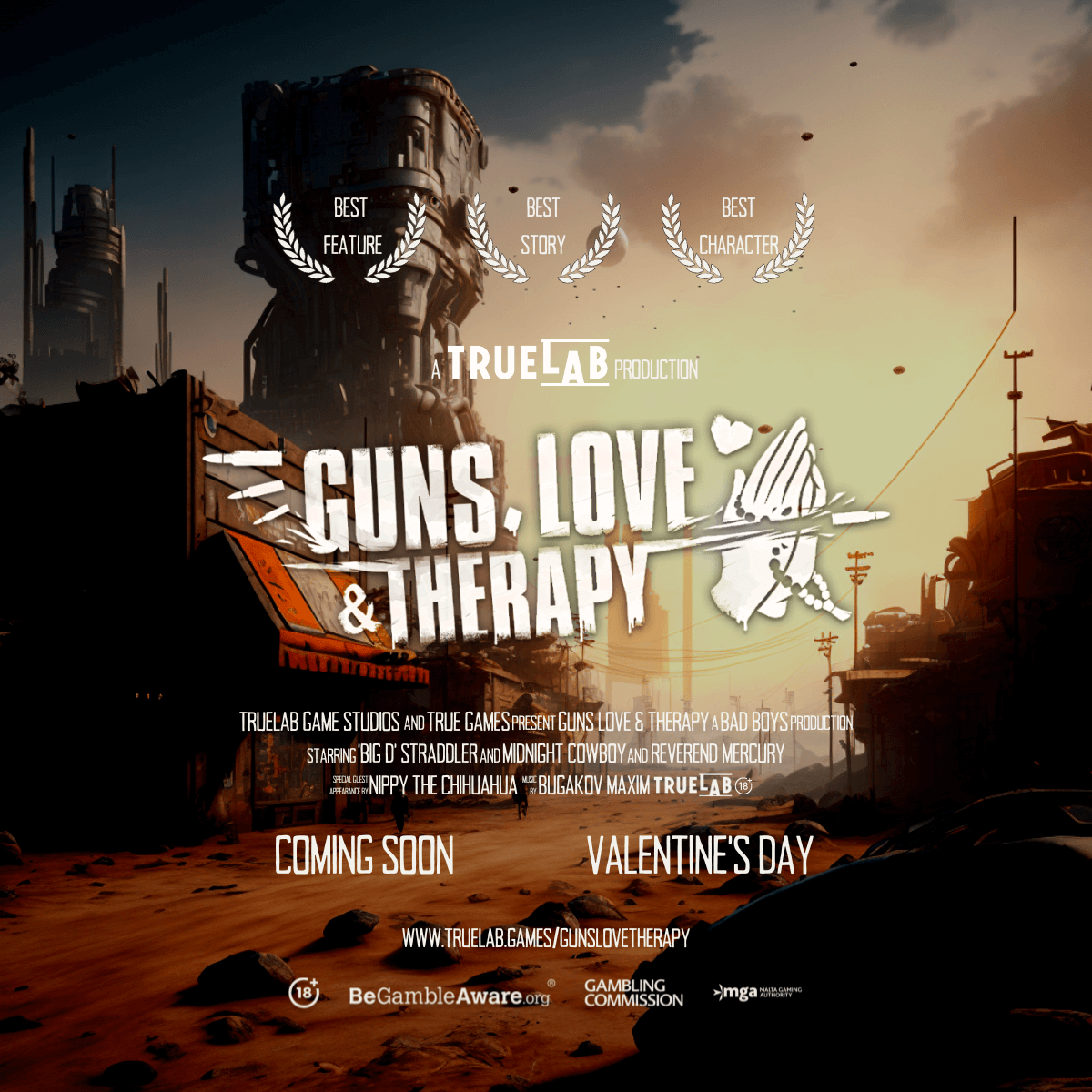 Movie-like poster of 'Guns, love and therapy' game